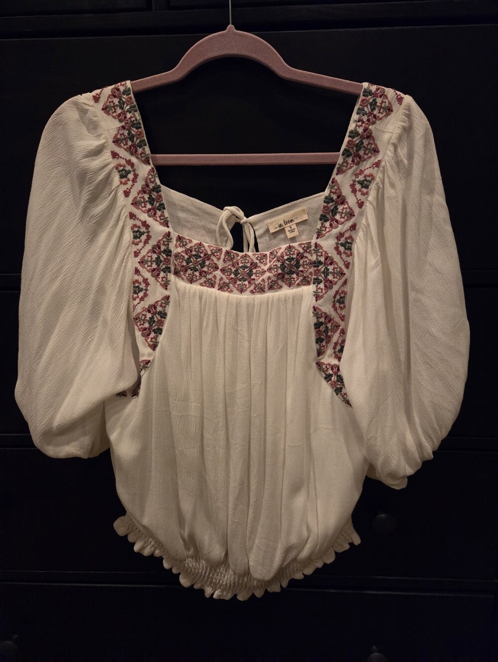 Embroidered White Puff-Sleeve Peasant Blouse